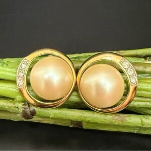 Vintage MONET Signed Gold-tone Faux Pearl Rhinestones Button Post Earrings 14.8g